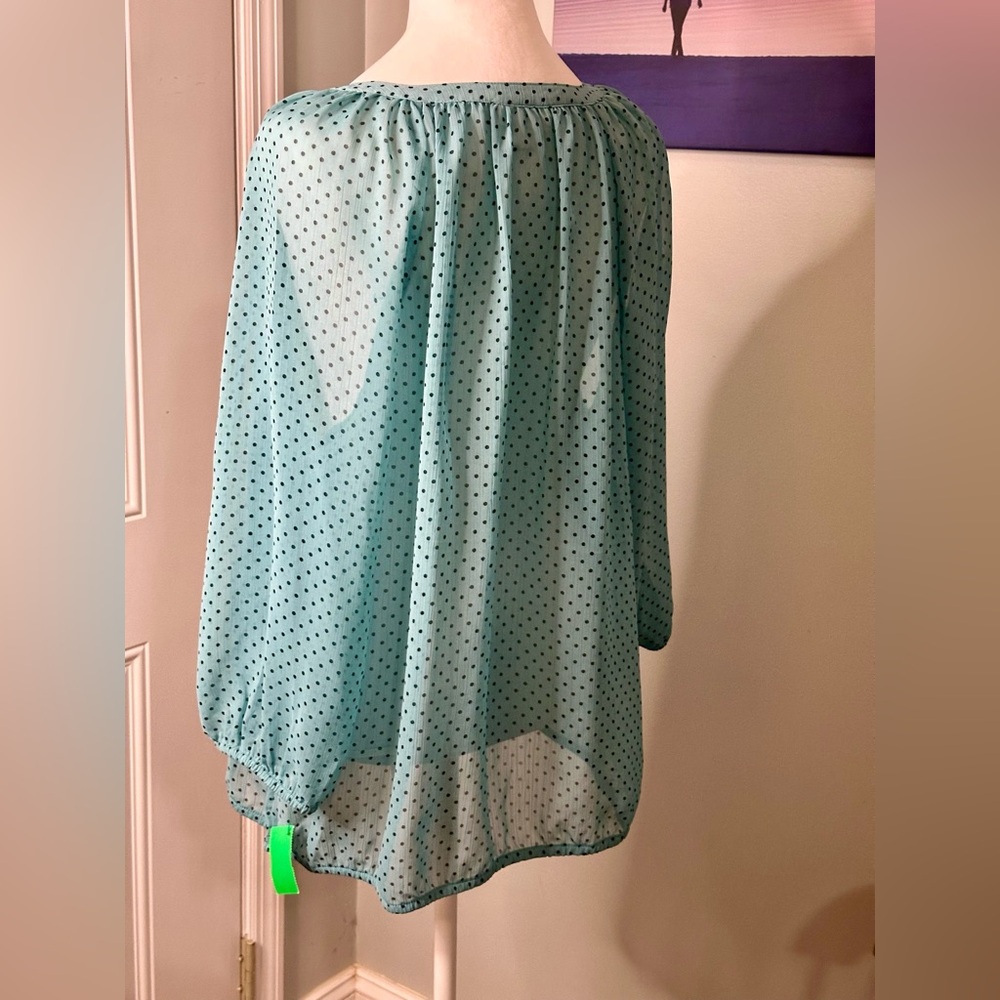 Liz Claiborne Sheer Teal Polka Dot Blouse - Picture 6 of 11